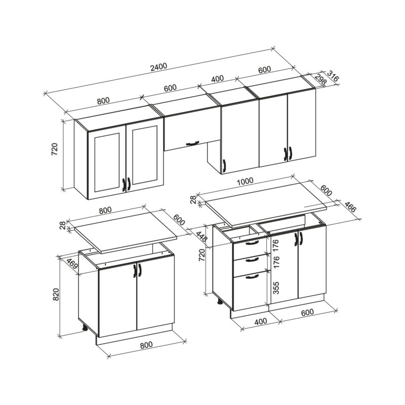 ELIZABETH 240 köögikomplekt, värv: esipaneel - hall, korpus - sonoma tamm, töötasapind - sonoma tamm