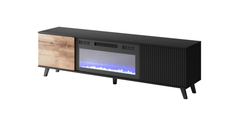 Televiisorialus RAVENO RTV-K, kaminaga 180 cm, tamm / must