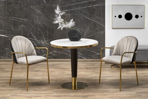 Ümmargune Söögilaud MORLIN, valge marmor / must / kuldne