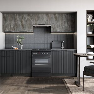 TAMARA 240 köögikomplekt, värv: esipaneel - hall marmor / must, korpus - süsinikupuit, tööpind - hall