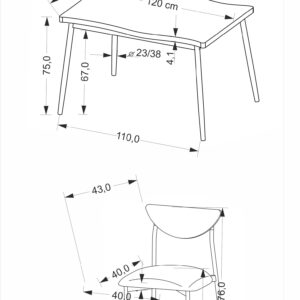 Söögilaua Komplekt DICKY, laud + 4 tooli / naturaalne / must / hall