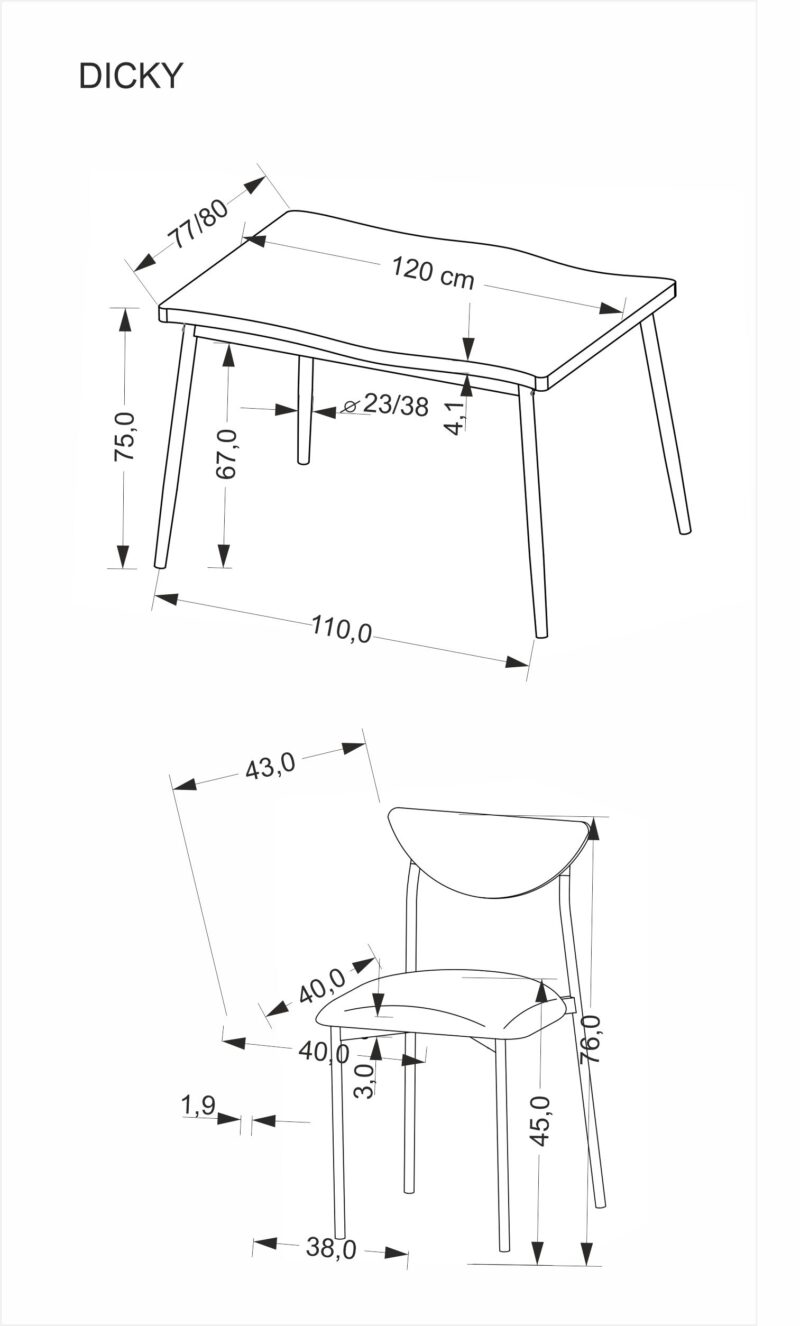 Söögilaua Komplekt DICKY, laud + 4 tooli / naturaalne / must / hall