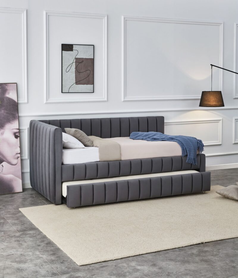 Voodi DERBY, kaheinimese / väljatõmmatava madratsi ruumiga / hall