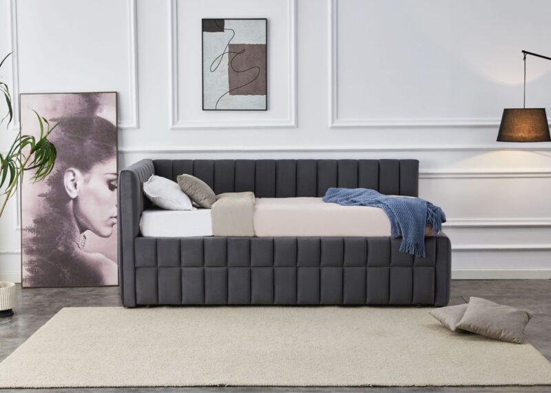 Voodi DERBY, kaheinimese / väljatõmmatava madratsi ruumiga / hall