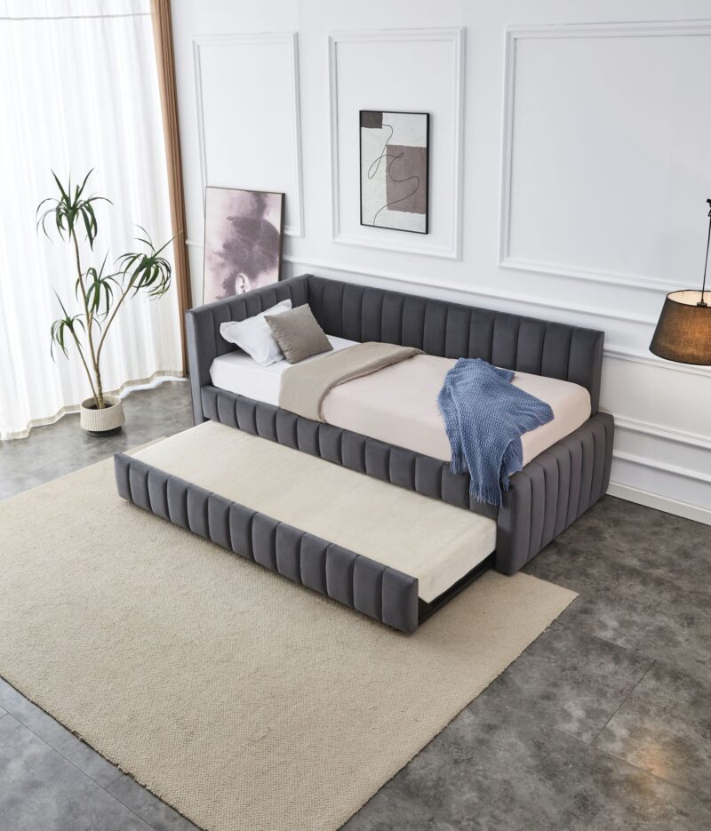 Voodi DERBY, kaheinimese / väljatõmmatava madratsi ruumiga / hall