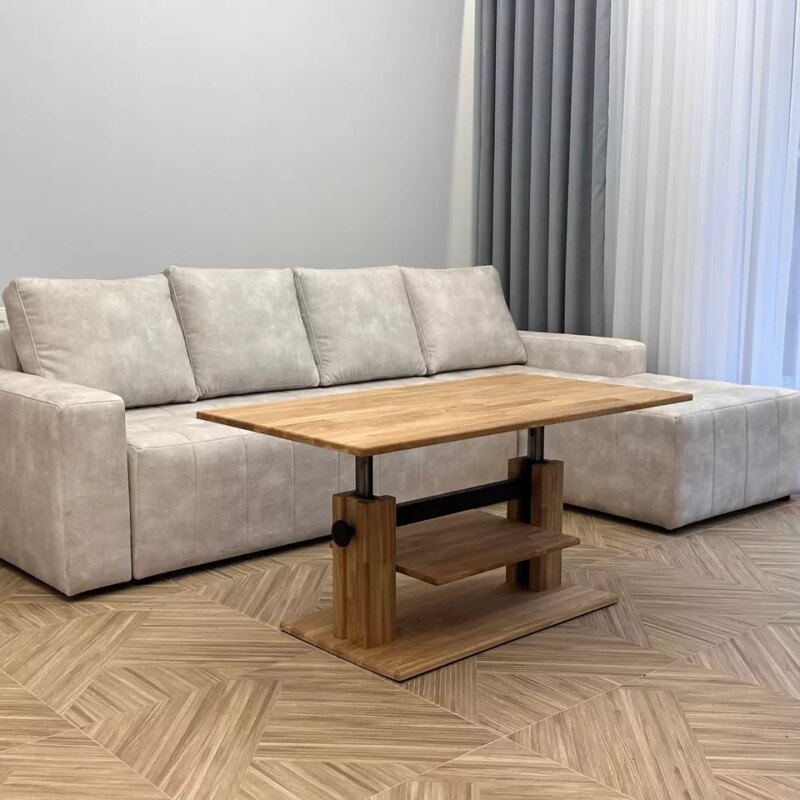 Pikendatav puidust diivanilaud riiuliga