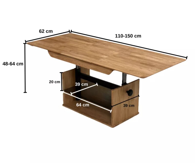 Pikendatav diivanilaud reguleeritava kõrguse ja klaasriiuliga